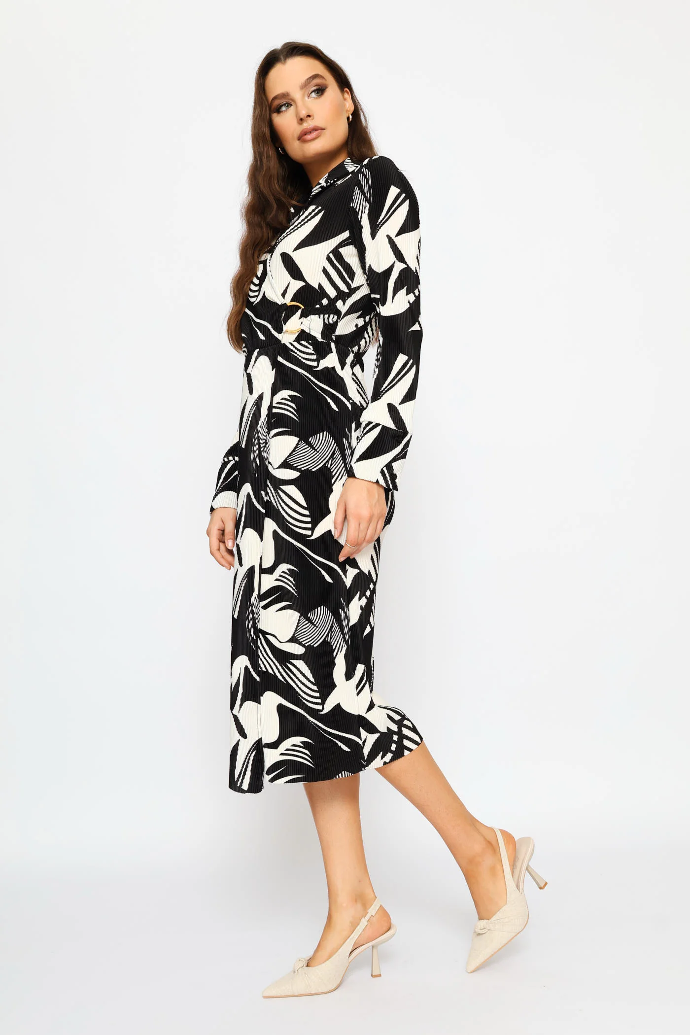 Wrap Side Trim Plisse Midi Dress - Black/Cream - Image 3