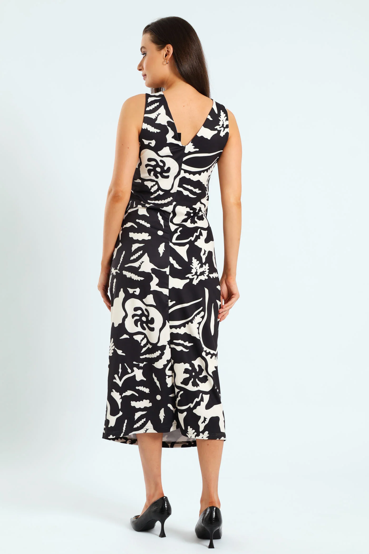 Wrap Tie-Up Monochrome Midi Dress - Black/Cream - Image 3