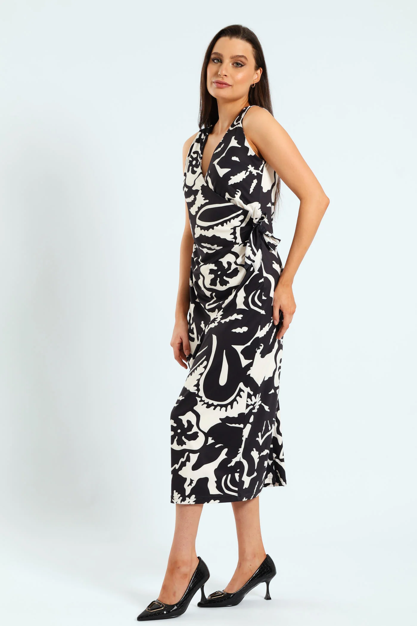 Wrap Tie-Up Monochrome Midi Dress - Black/Cream - Image 4