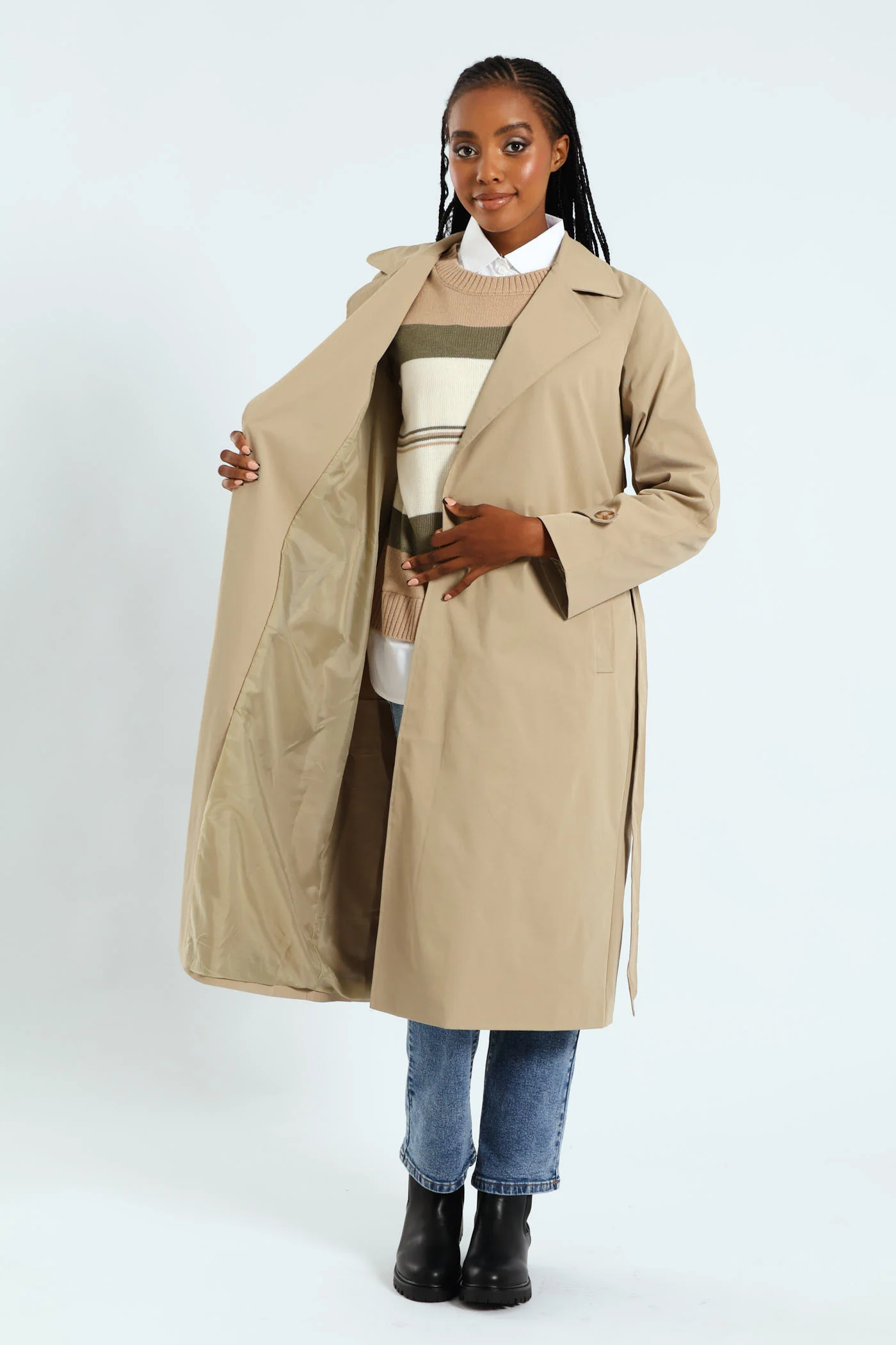 Wrap Trench Coat With Self Belt - Khaki - Image 2