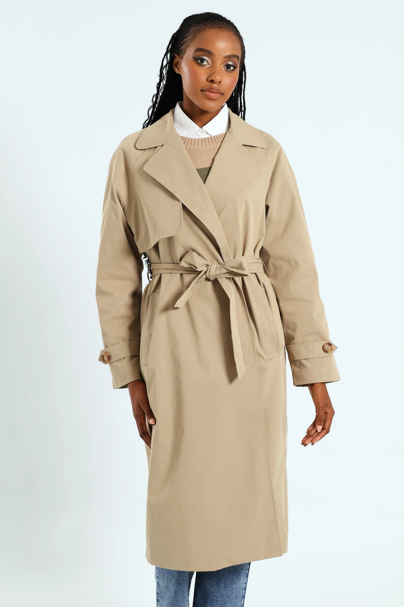 Wrap Trench Coat With Self Belt - Khaki - Image 3