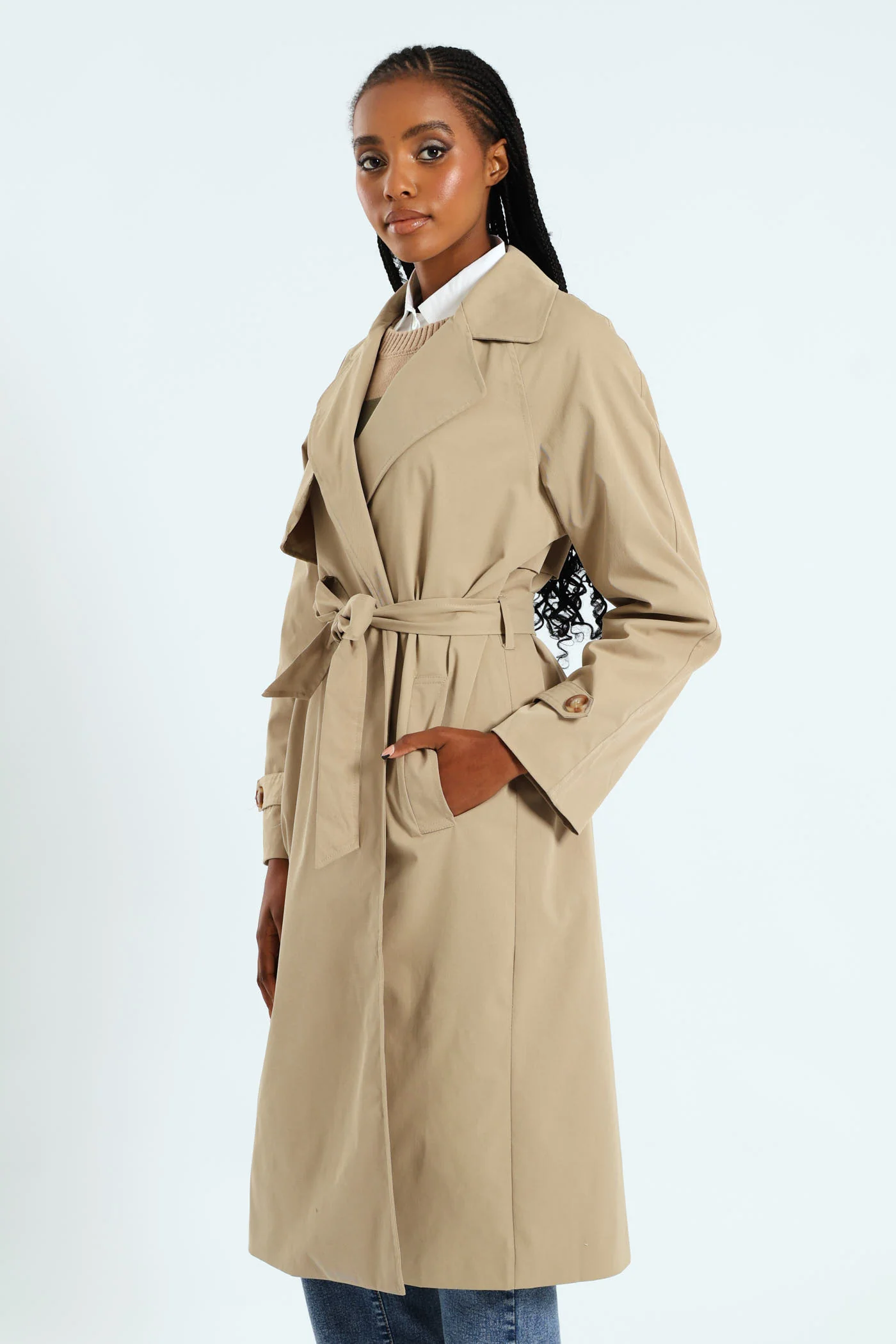 Wrap Trench Coat With Self Belt - Khaki - Image 4