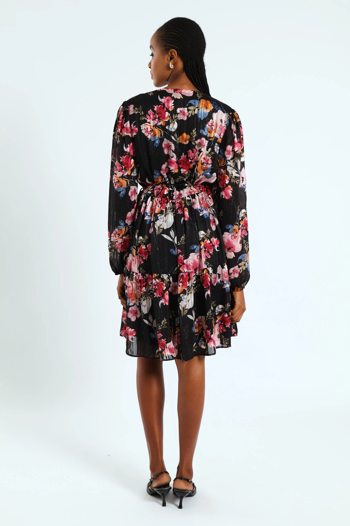Wrap Waisted Frill Hem Tea Dress - Black - Image 4