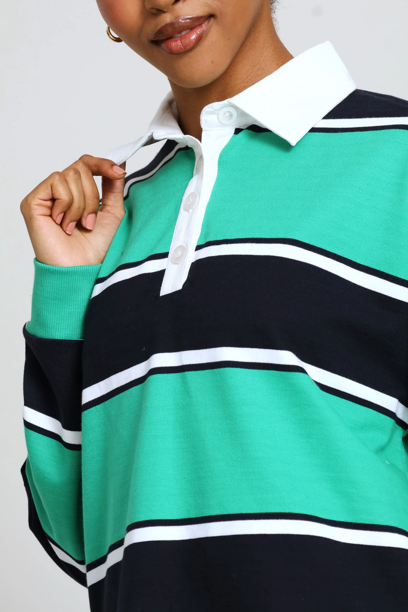 Yarn Dye Stripe Fleece Rugby Top - Navy/Green - Image 2