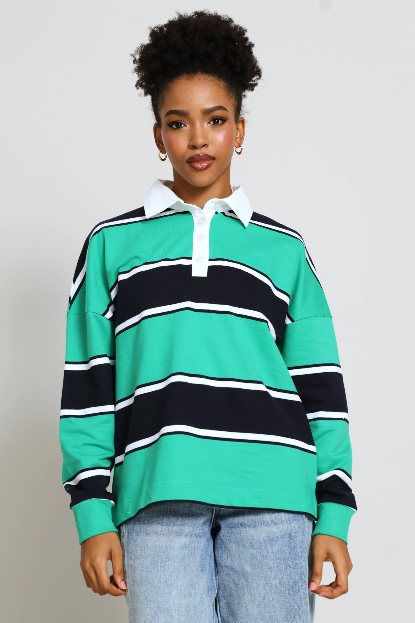 Yarn Dye Stripe Fleece Rugby Top - Navy/Green - Image 3
