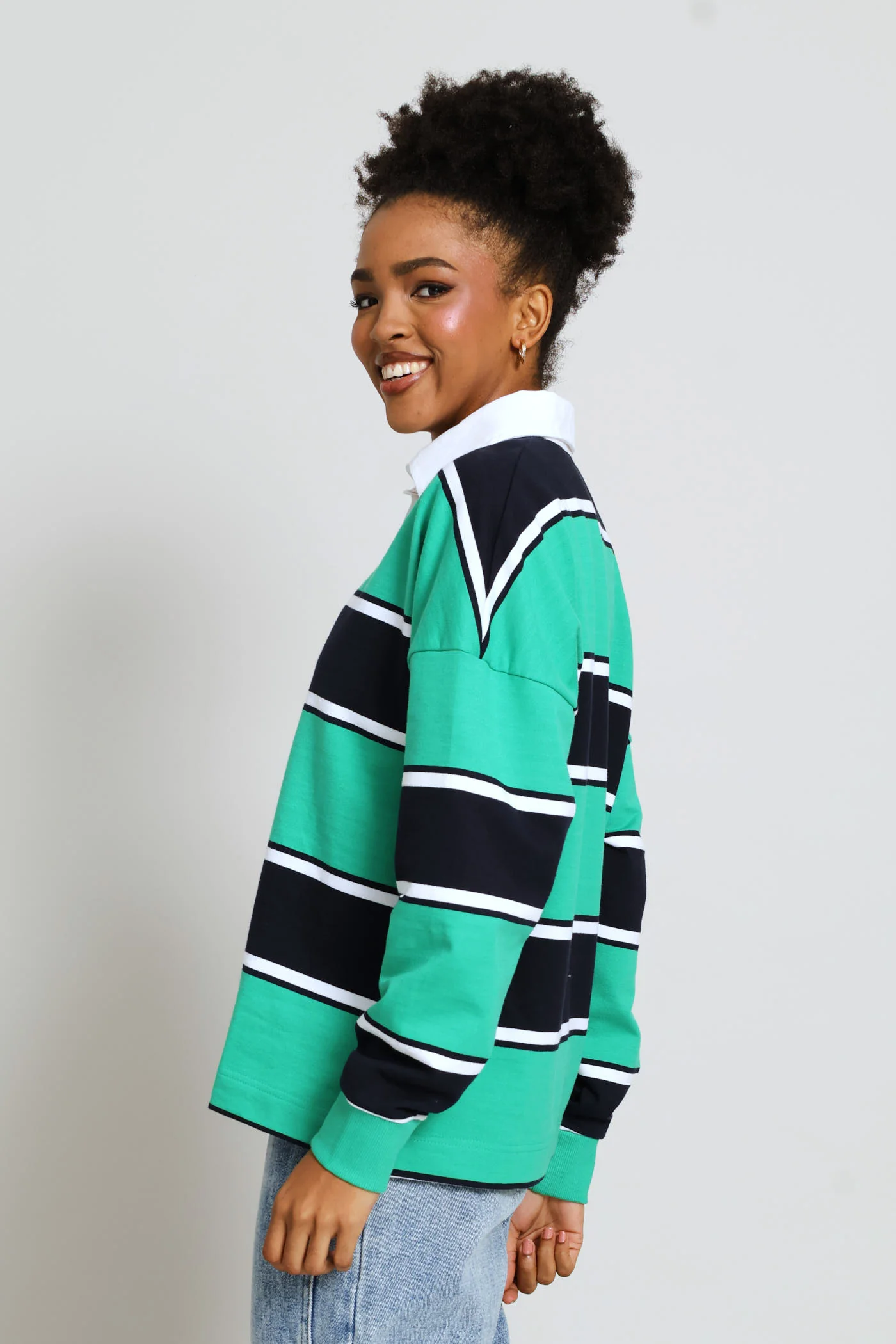 Yarn Dye Stripe Fleece Rugby Top - Navy/Green - Image 4