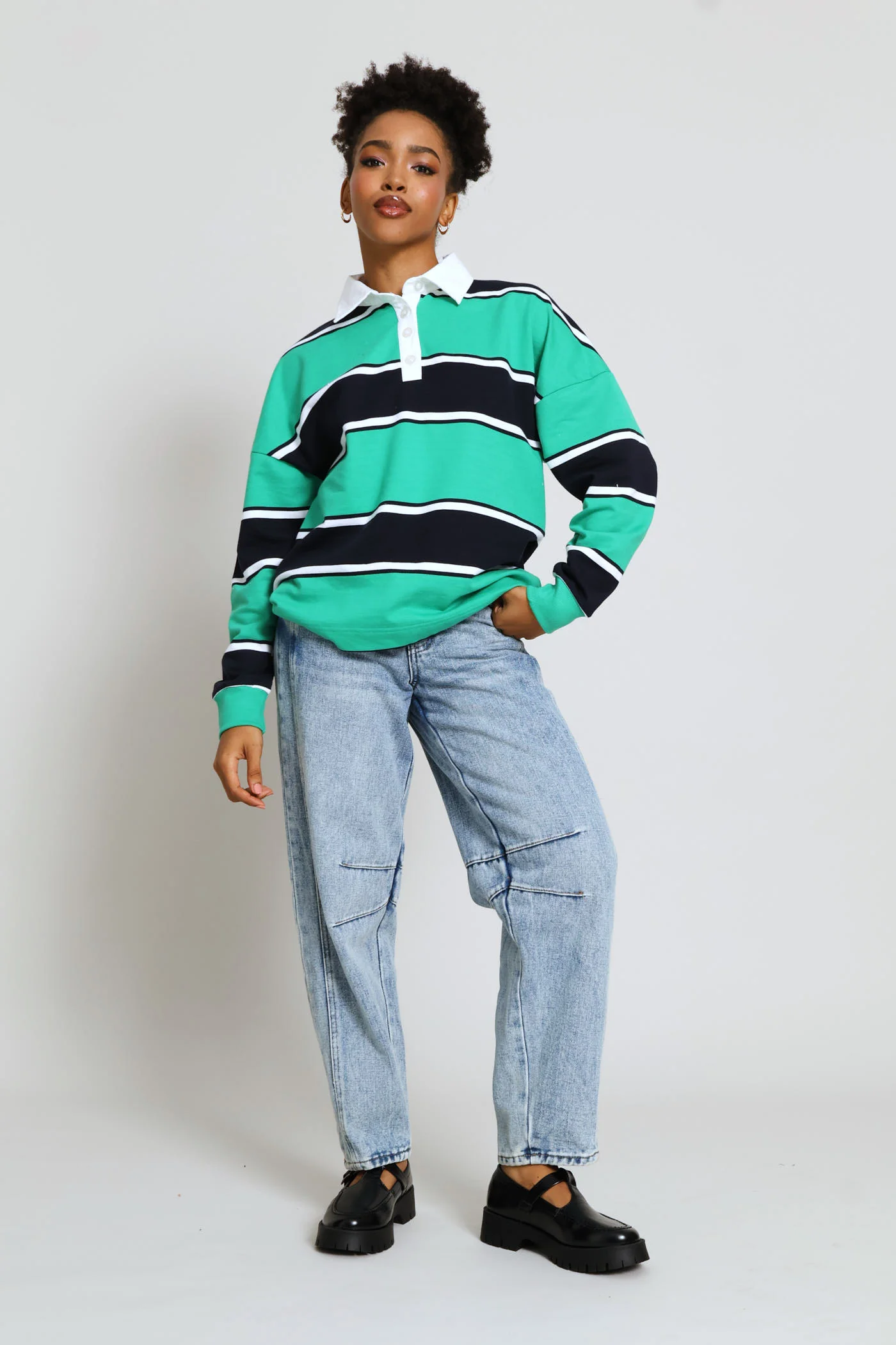 Yarn Dye Stripe Fleece Rugby Top - Navy/Green - Image 6