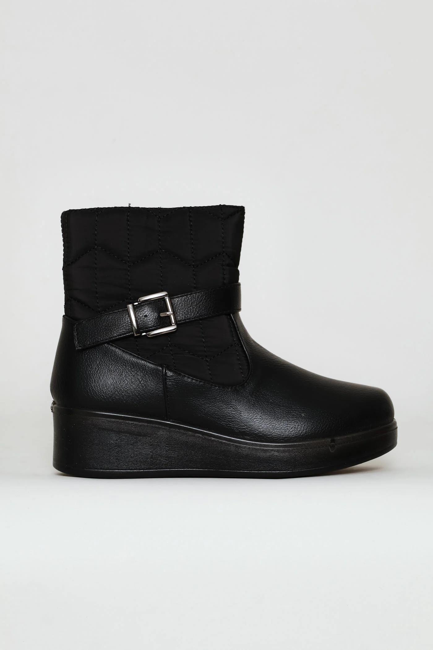 Yasmeen Quilted Buckle Wedge Ankle Boot - Black - Image 3