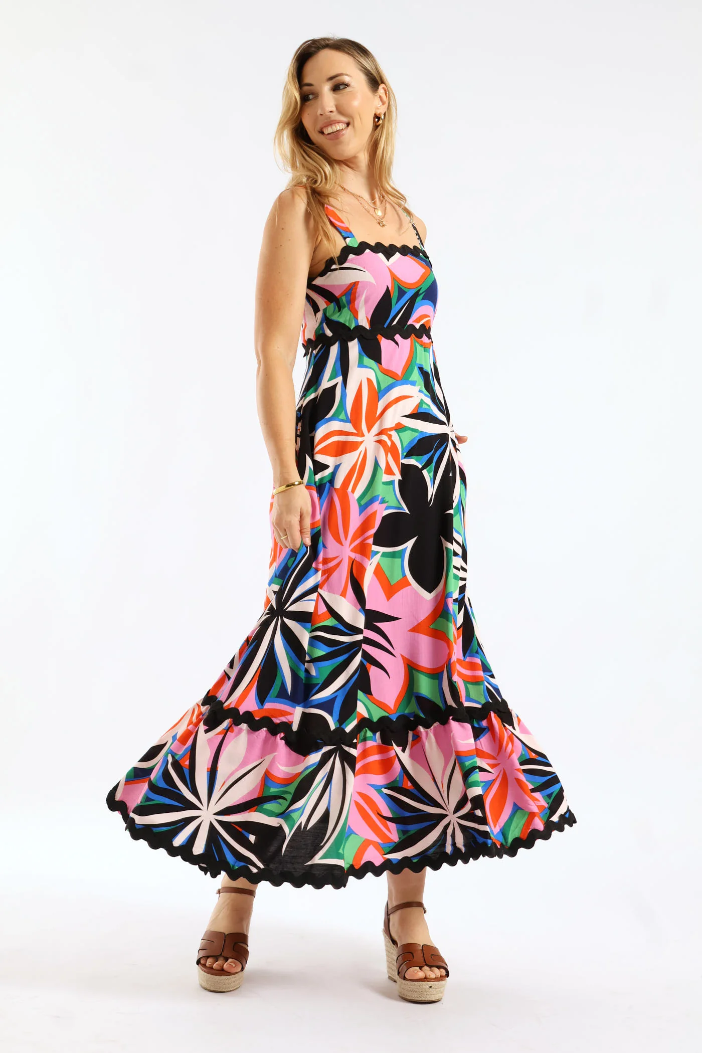 Zig Zag Trim Strappy Boobtube Maxi Dress - Floral - Image 6