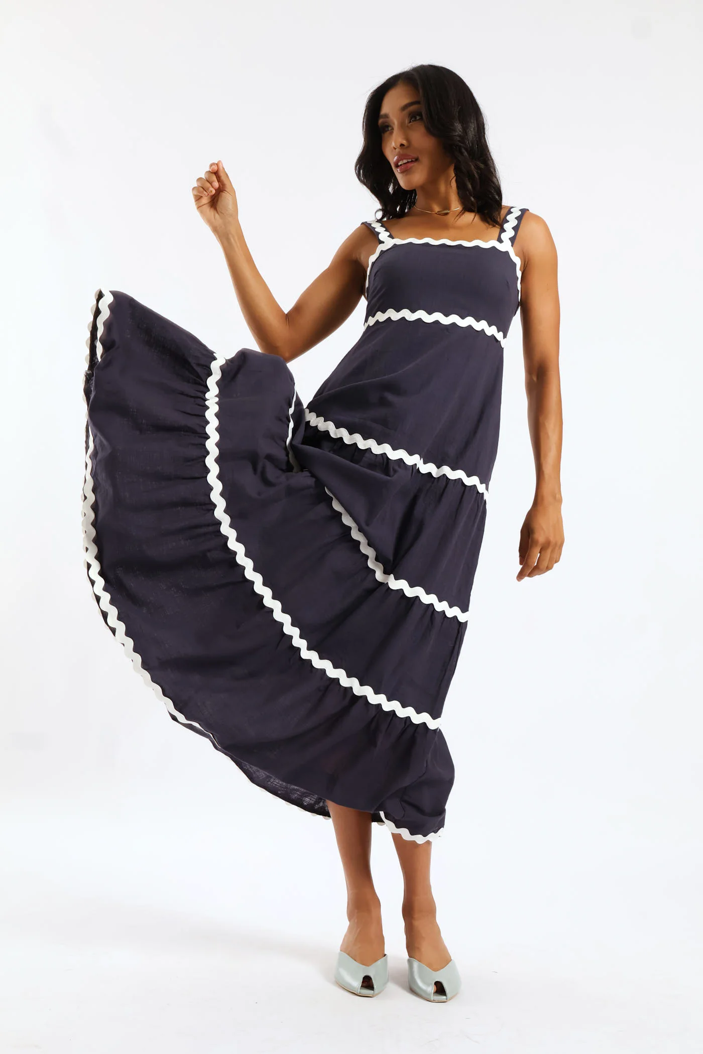 Zig Zag Trim Strappy Boobtube Maxi Dress - Navy - Image 3
