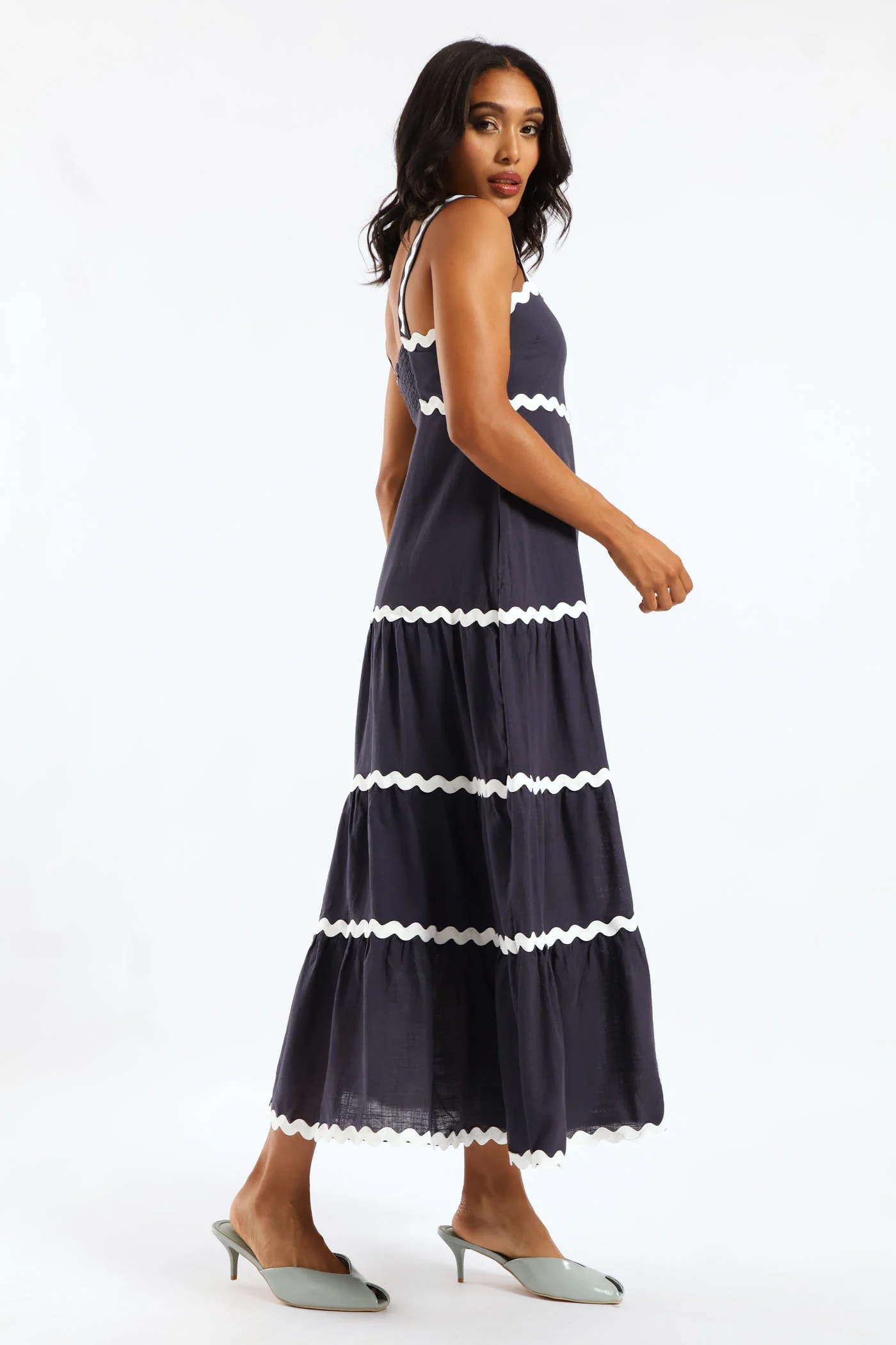 Zig Zag Trim Strappy Boobtube Maxi Dress - Navy - Image 4
