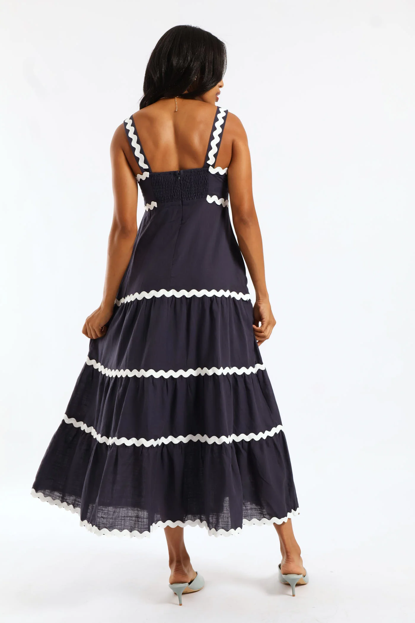 Zig Zag Trim Strappy Boobtube Maxi Dress - Navy - Image 5