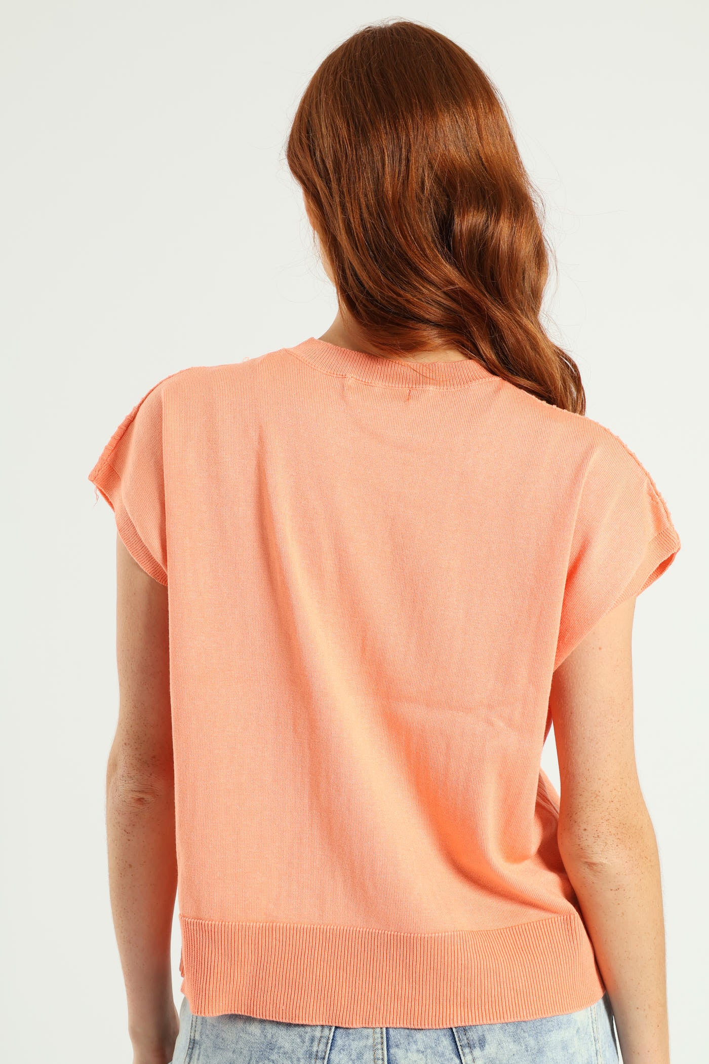 Zig-Zag Yoke Pointelle Grown On Sleeve Tee - Light Coral - Image 3