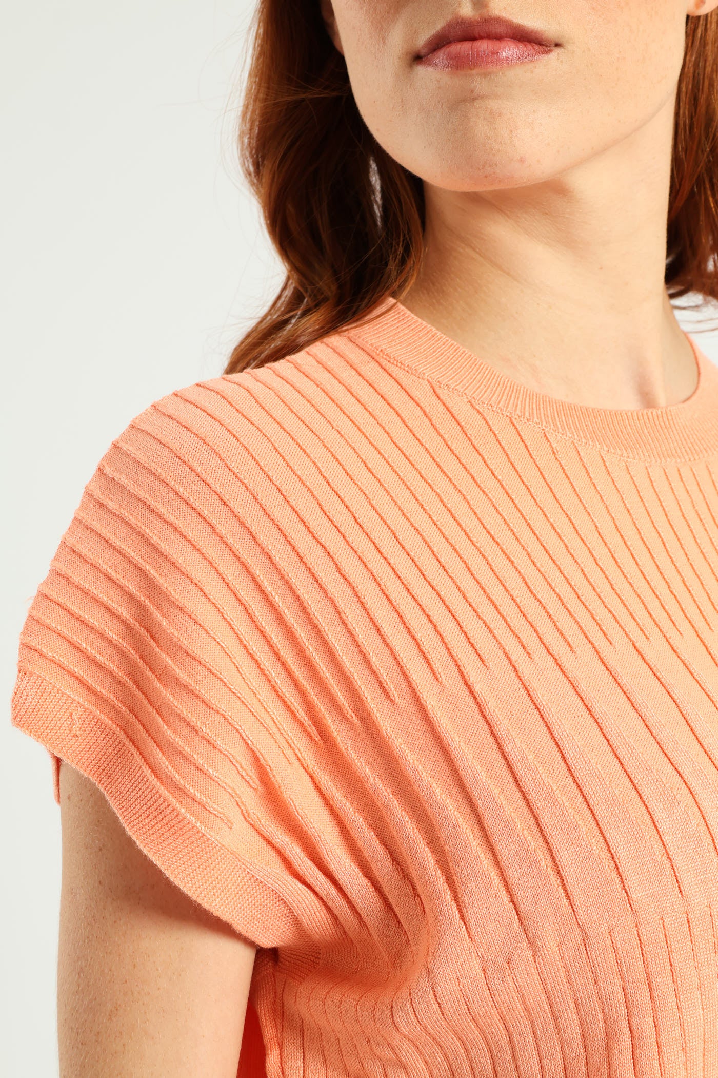 Zig-Zag Yoke Pointelle Grown On Sleeve Tee - Light Coral - Image 4