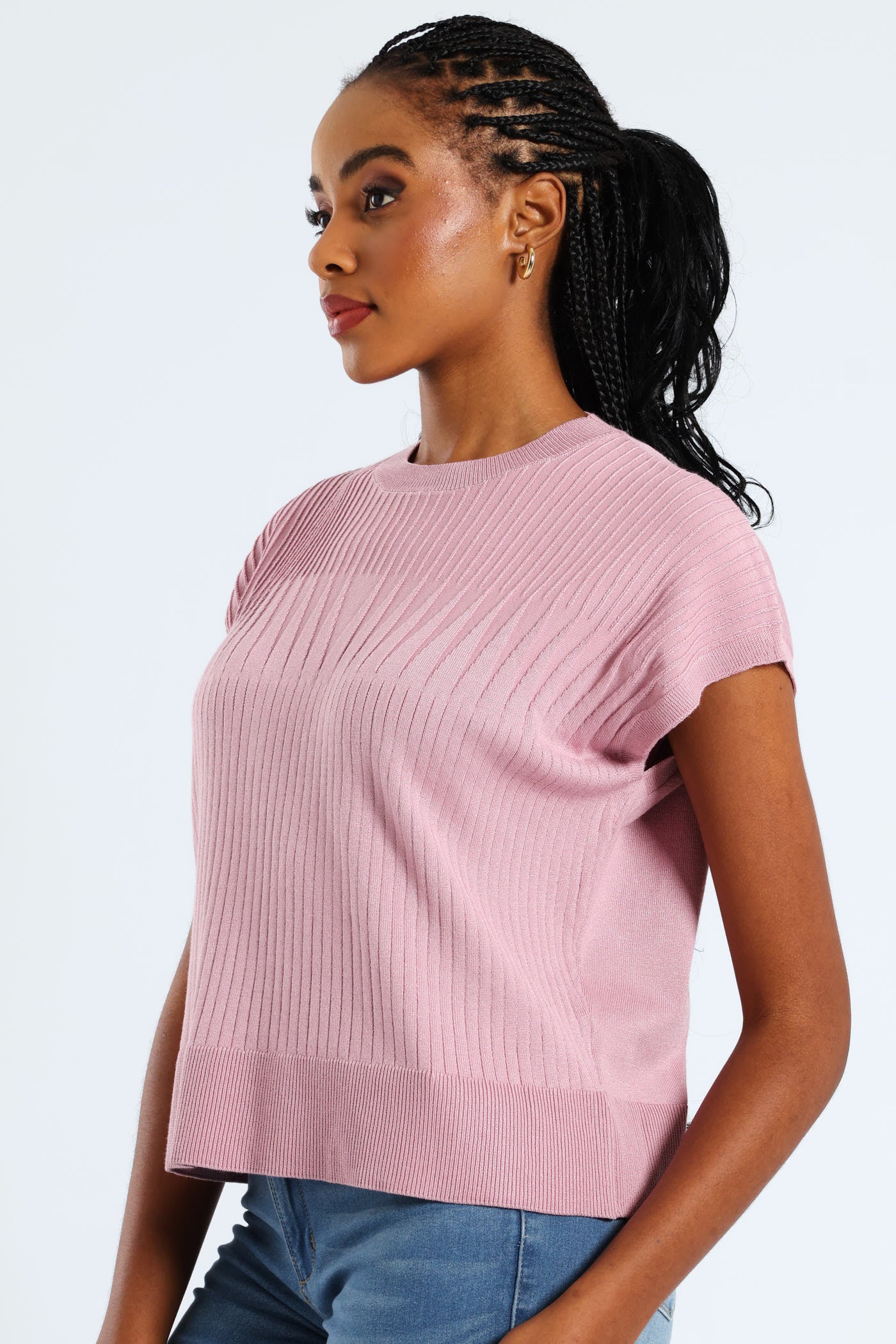 Zig-Zag Yoke Pointelle Grown On Sleeve Tee - Mauve - Image 3