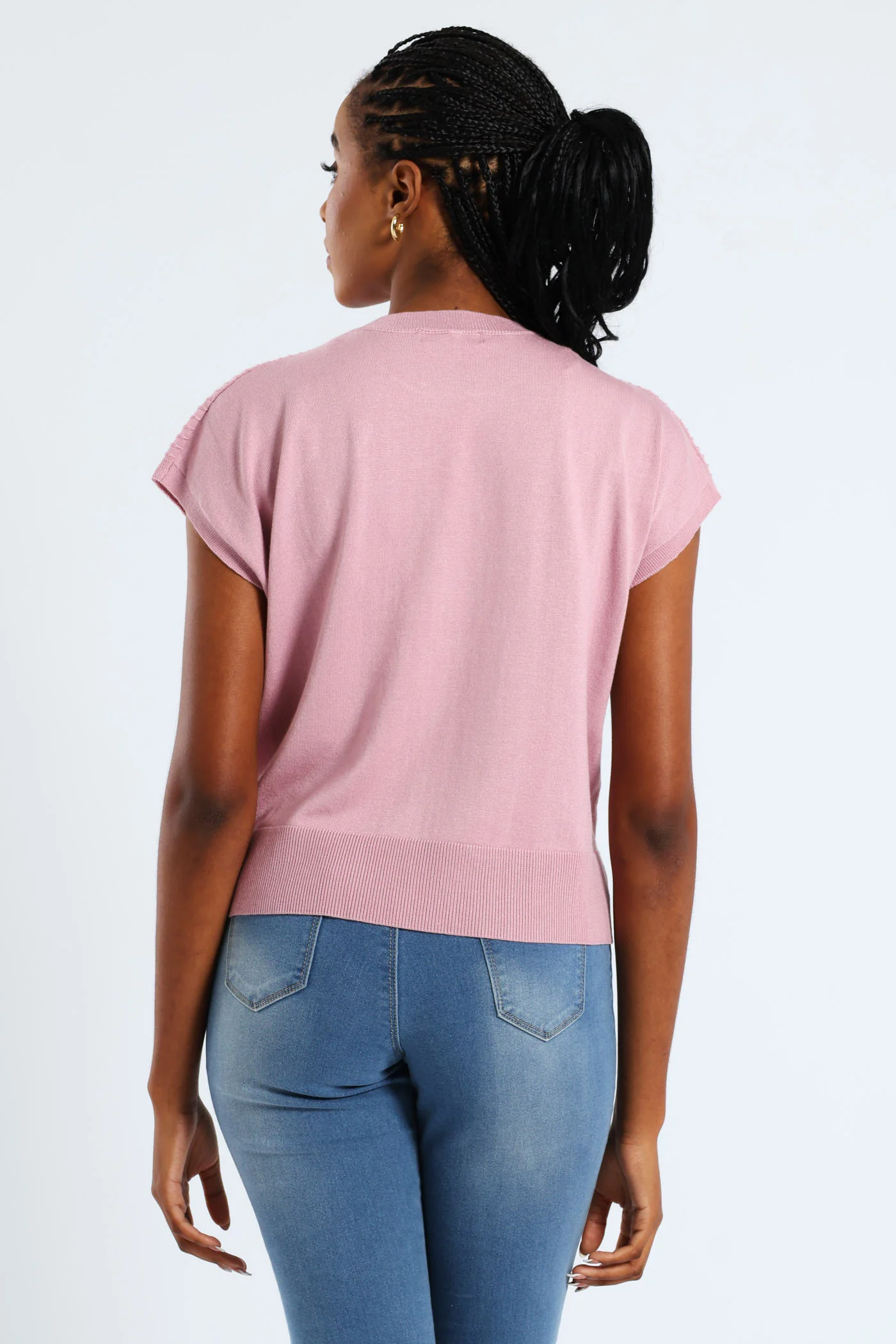 Zig-Zag Yoke Pointelle Grown On Sleeve Tee - Mauve - Image 4