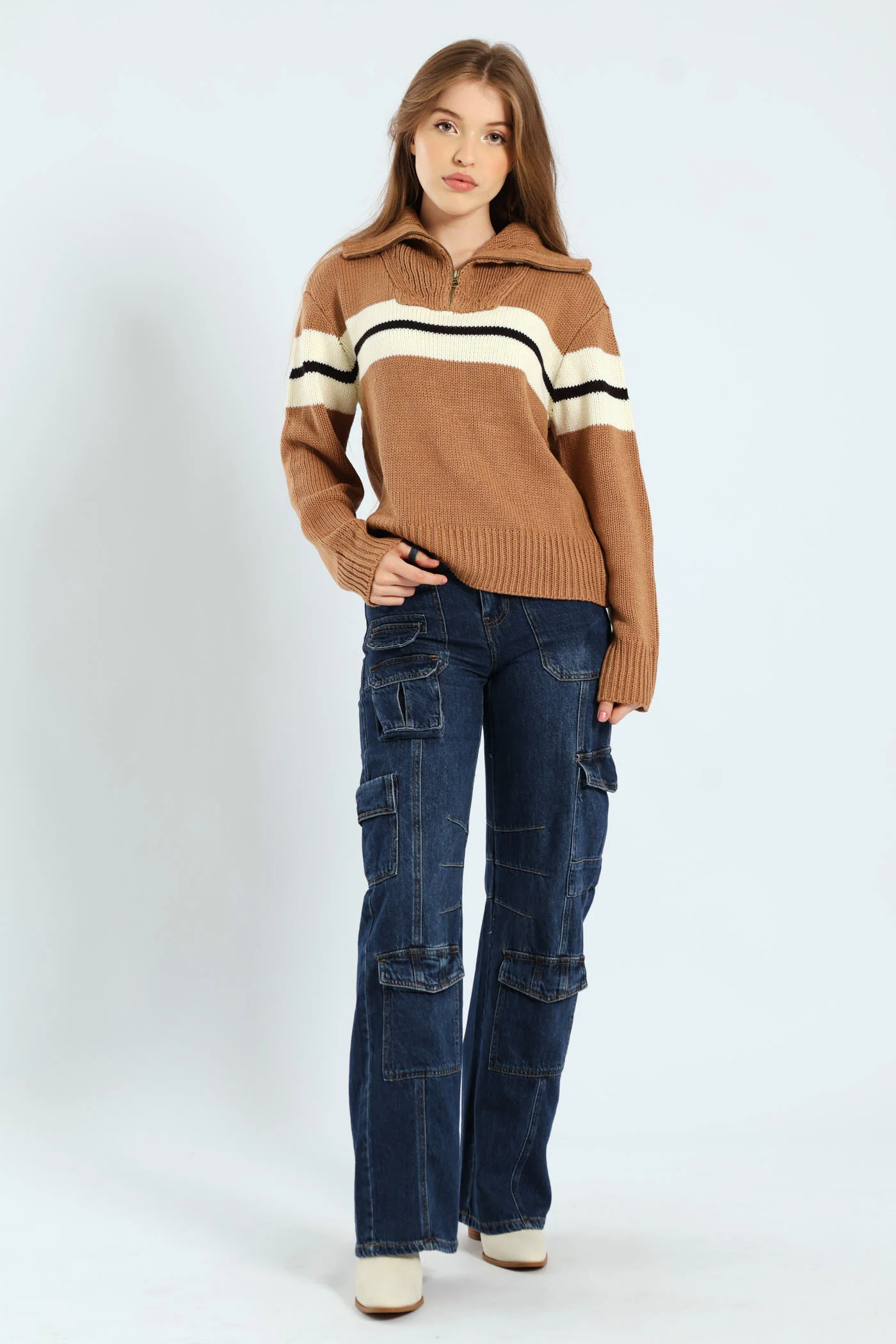 Zip Detail Pullover Sweater - Brown - Image 2