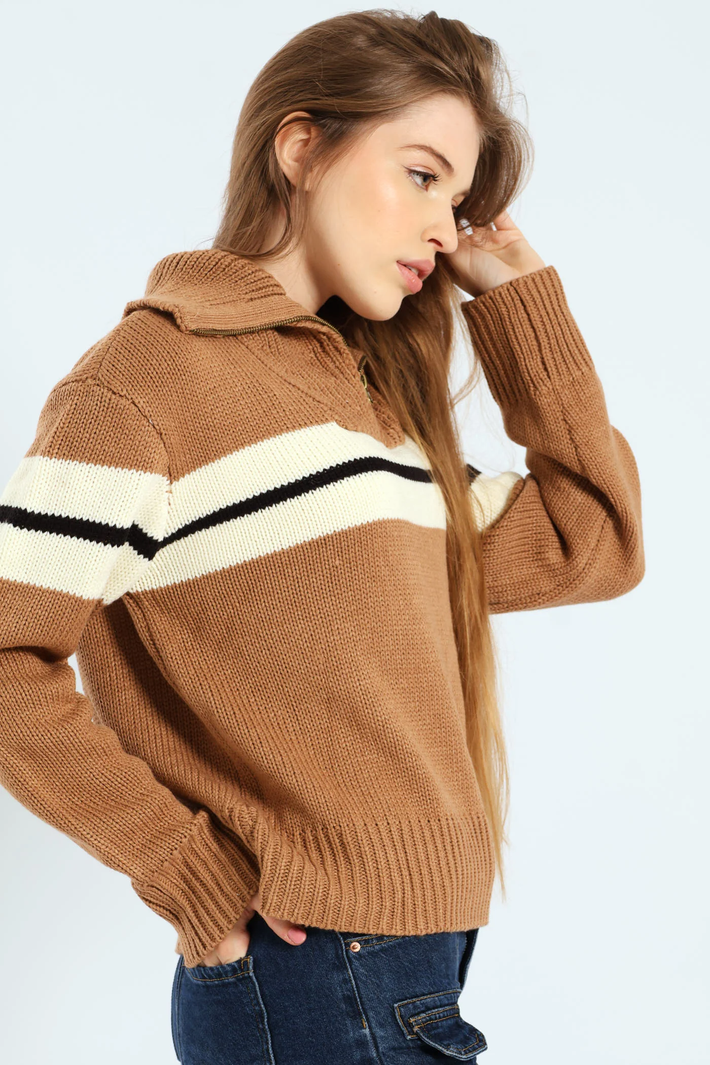 Zip Detail Pullover Sweater - Brown - Image 4