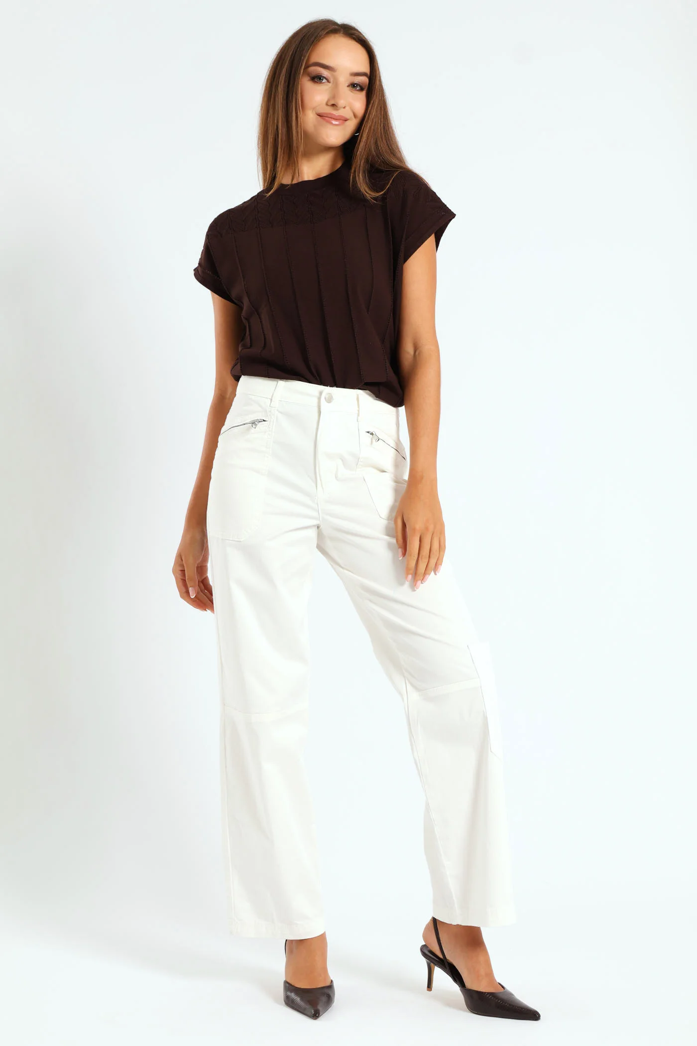 Zip Detail Utility Sateen Wideleg Pants - White - Image 2