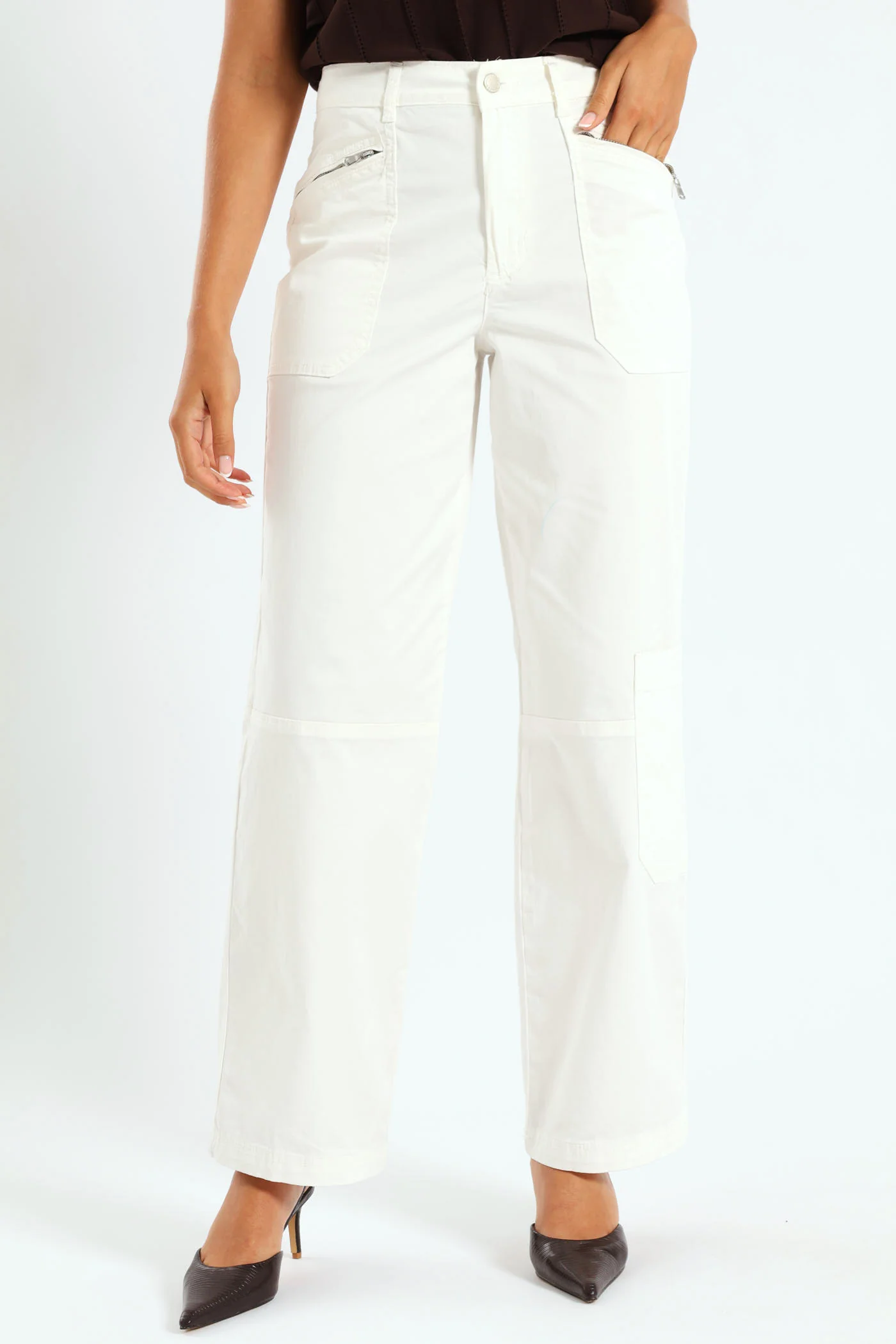 Zip Detail Utility Sateen Wideleg Pants - White - Image 3