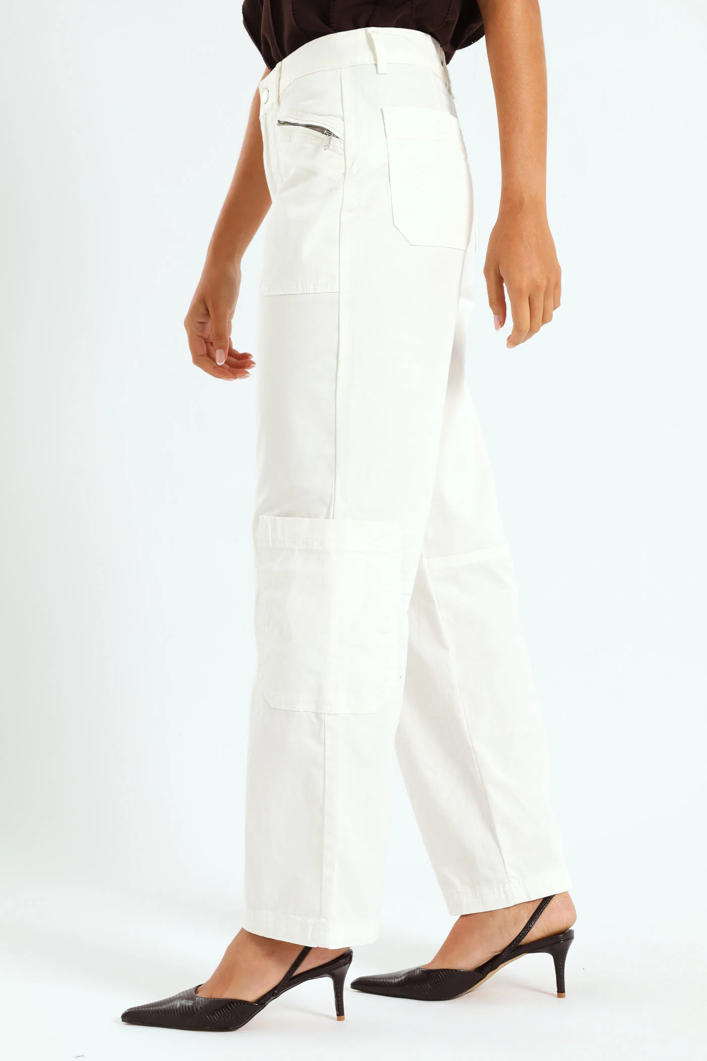 Zip Detail Utility Sateen Wideleg Pants - White - Image 4