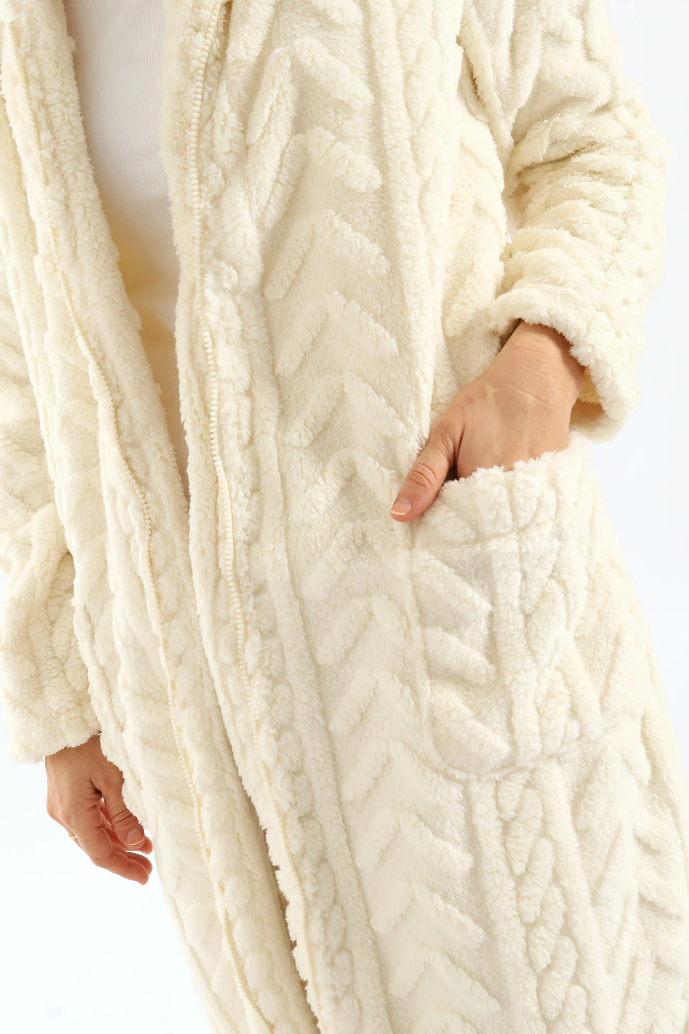 Zip Through Cable Knit Gown - Cream - Image 2