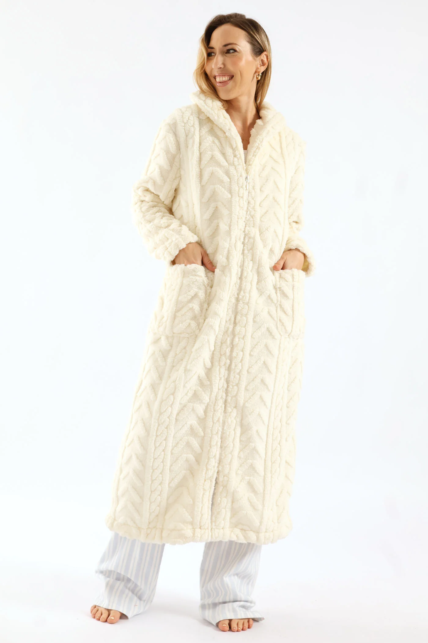 Zip Through Cable Knit Gown - Cream - Image 3