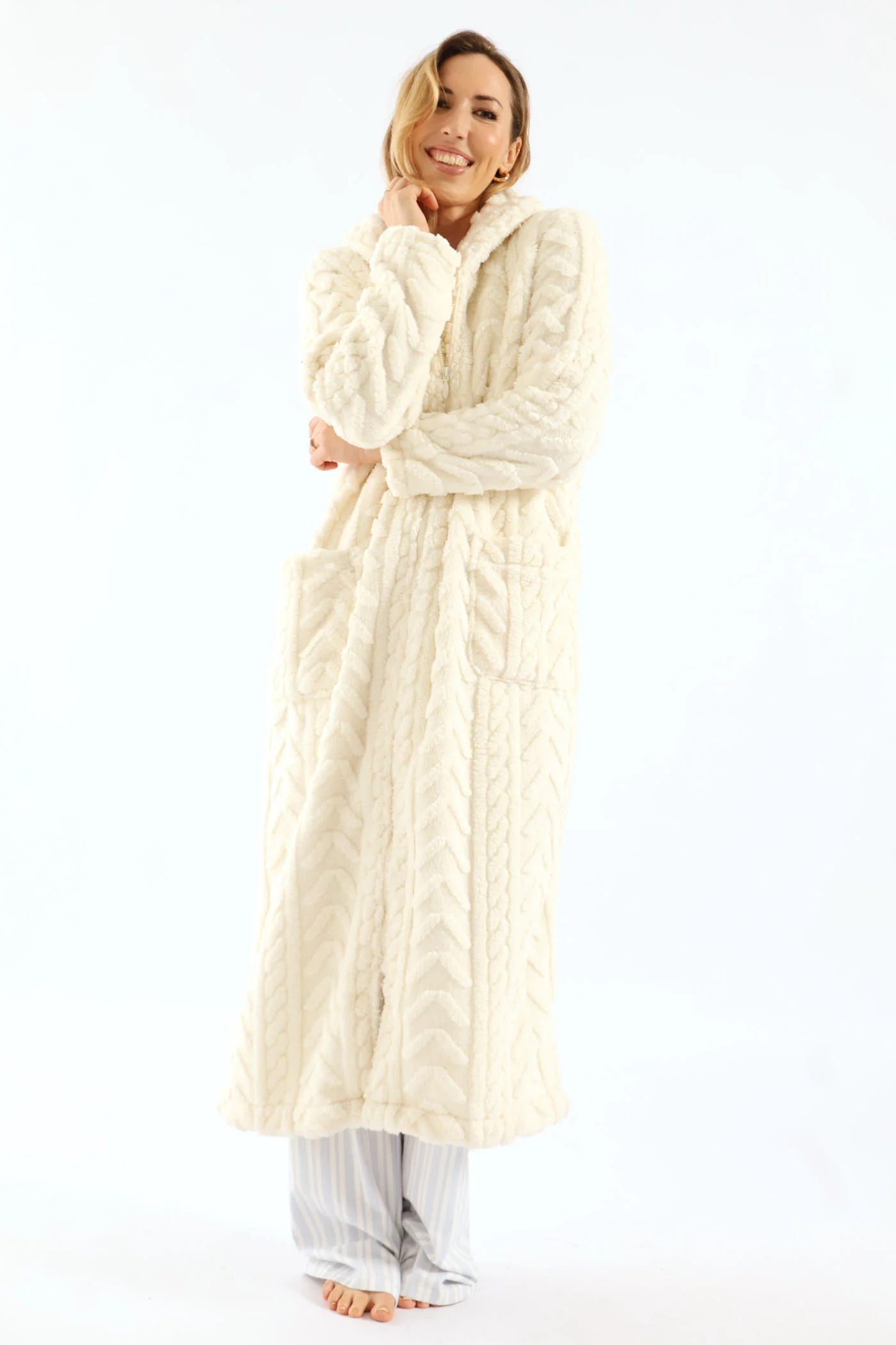 Zip Through Cable Knit Gown - Cream - Image 4