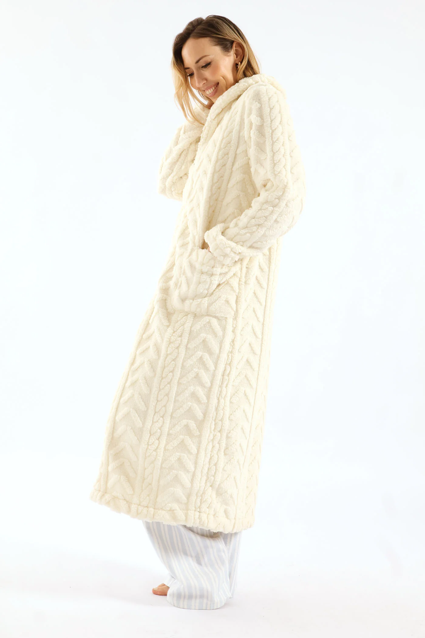 Zip Through Cable Knit Gown - Cream - Image 5