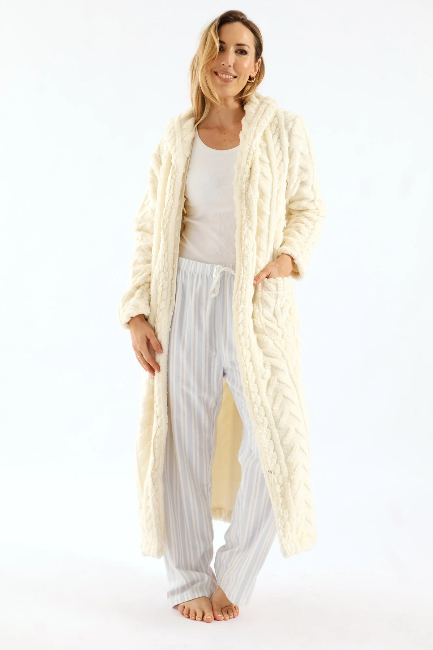 Zip Through Cable Knit Gown - Cream - Image 7