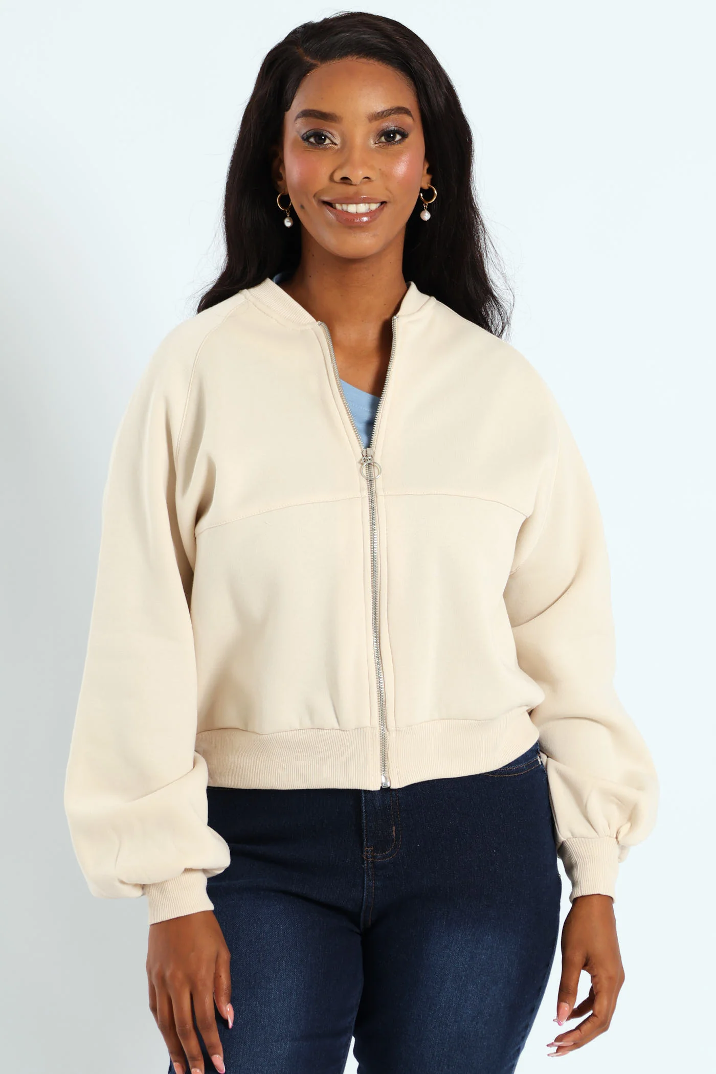Zip Through Fleece Bomber Jacket - Ivory - Image 2