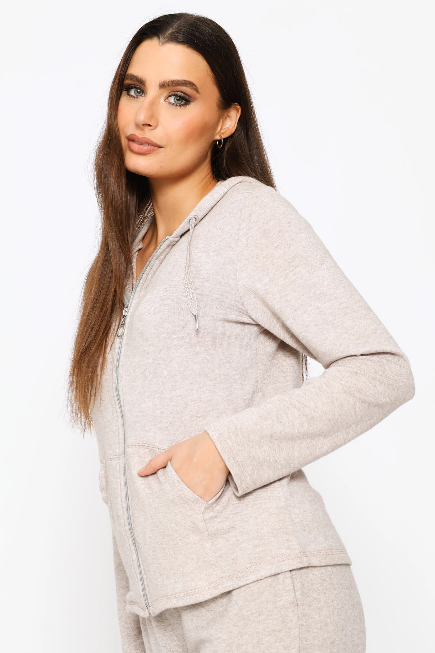 Zip Through Luxe Leisure Hoody - Oatmeal Melange - Image 3