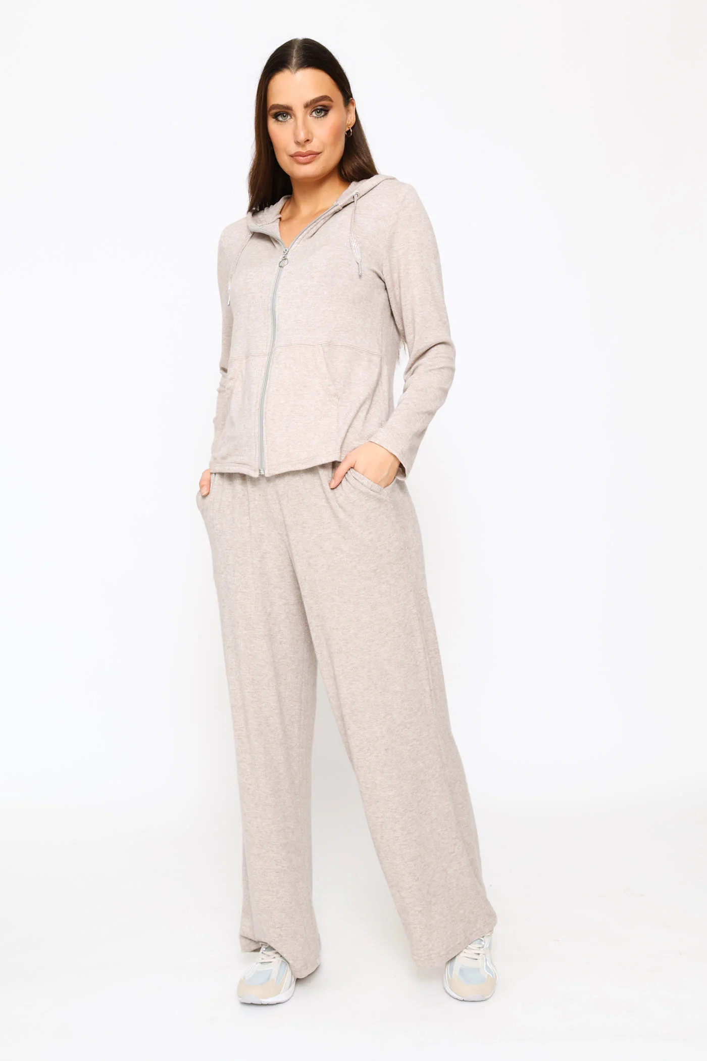 Zip Through Luxe Leisure Hoody - Oatmeal Melange - Image 5