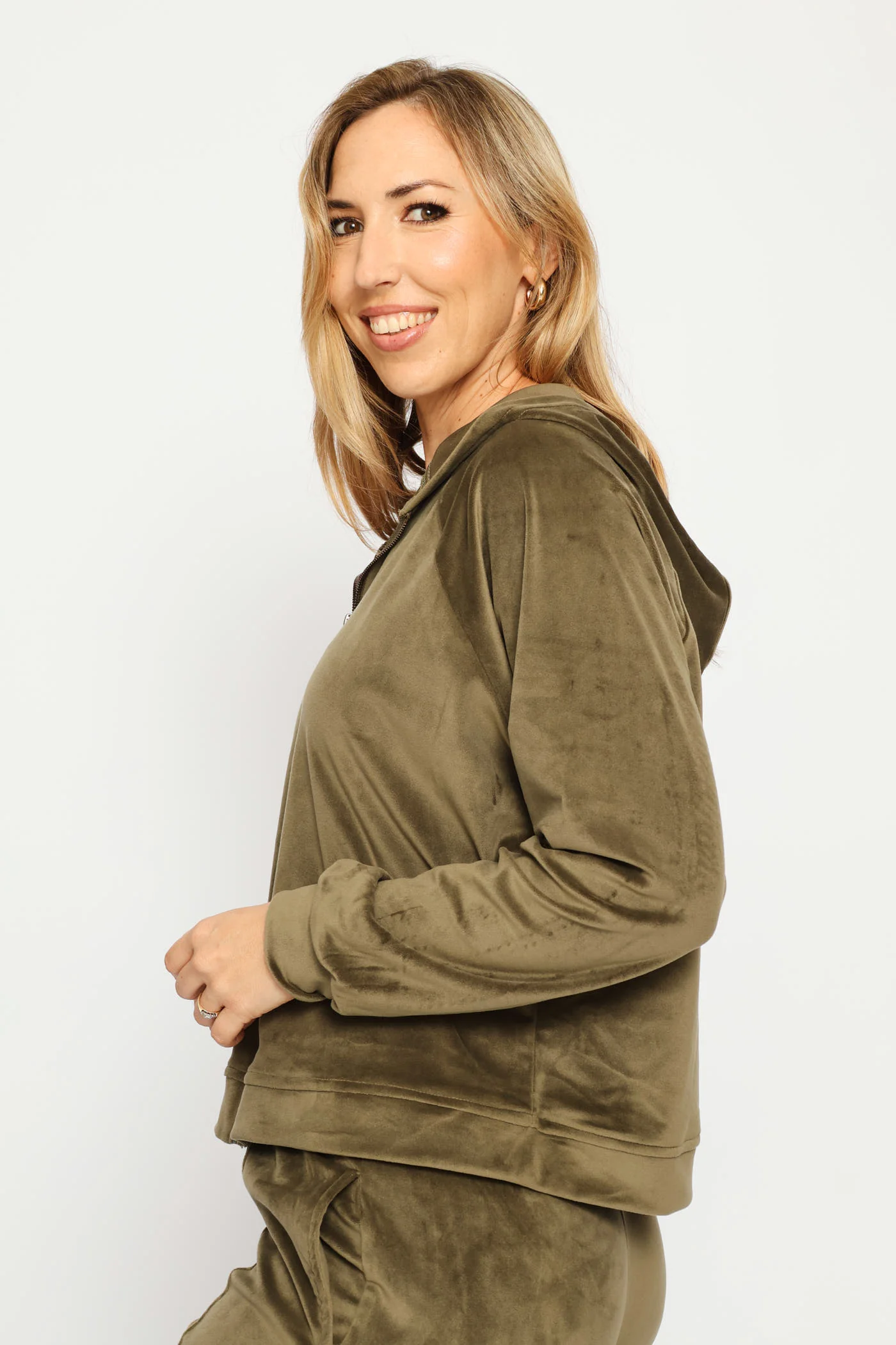 Zip Through Velour Hoody - Fatigue - Image 3