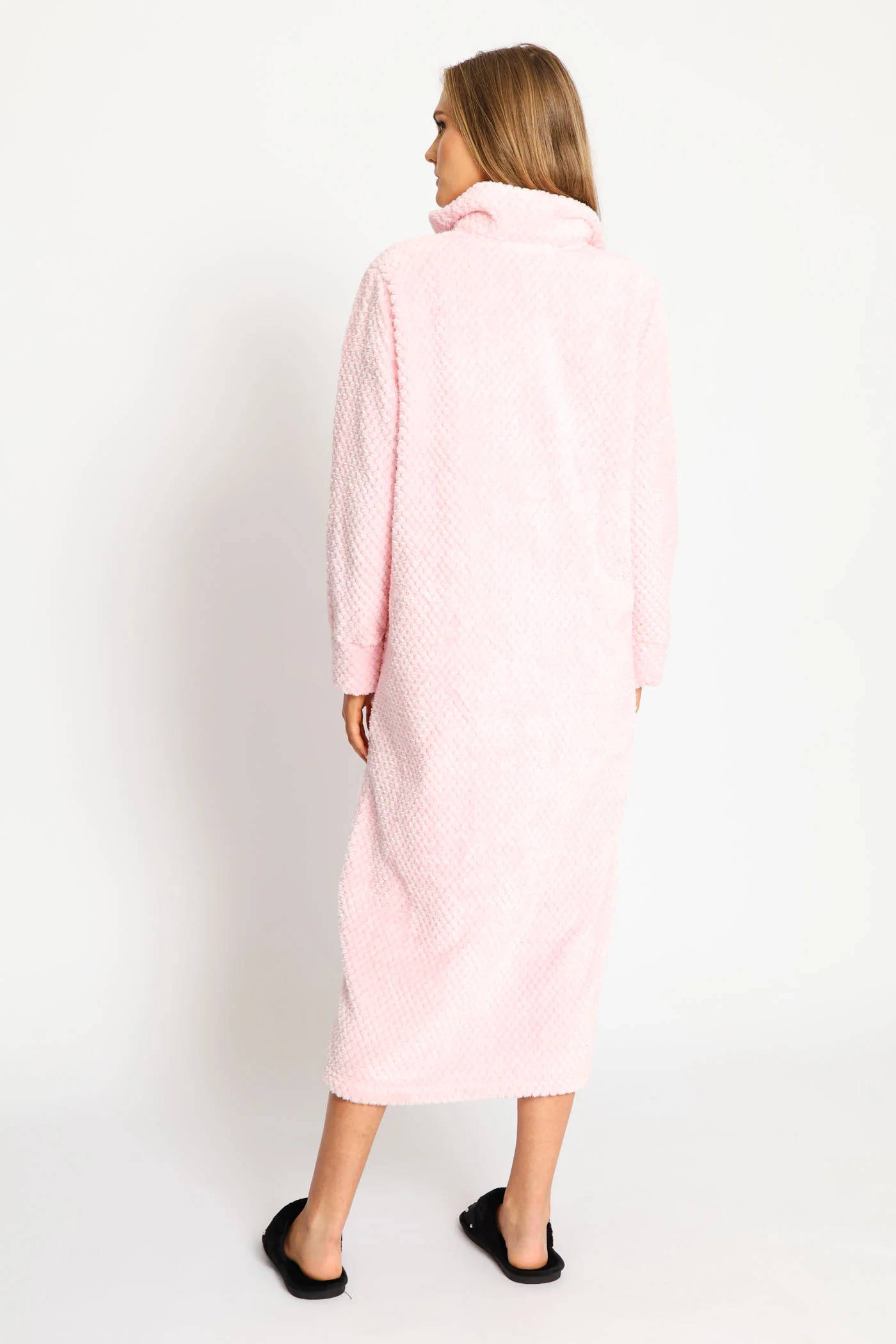 Zip Through Waffle Gown - Pink - Image 4