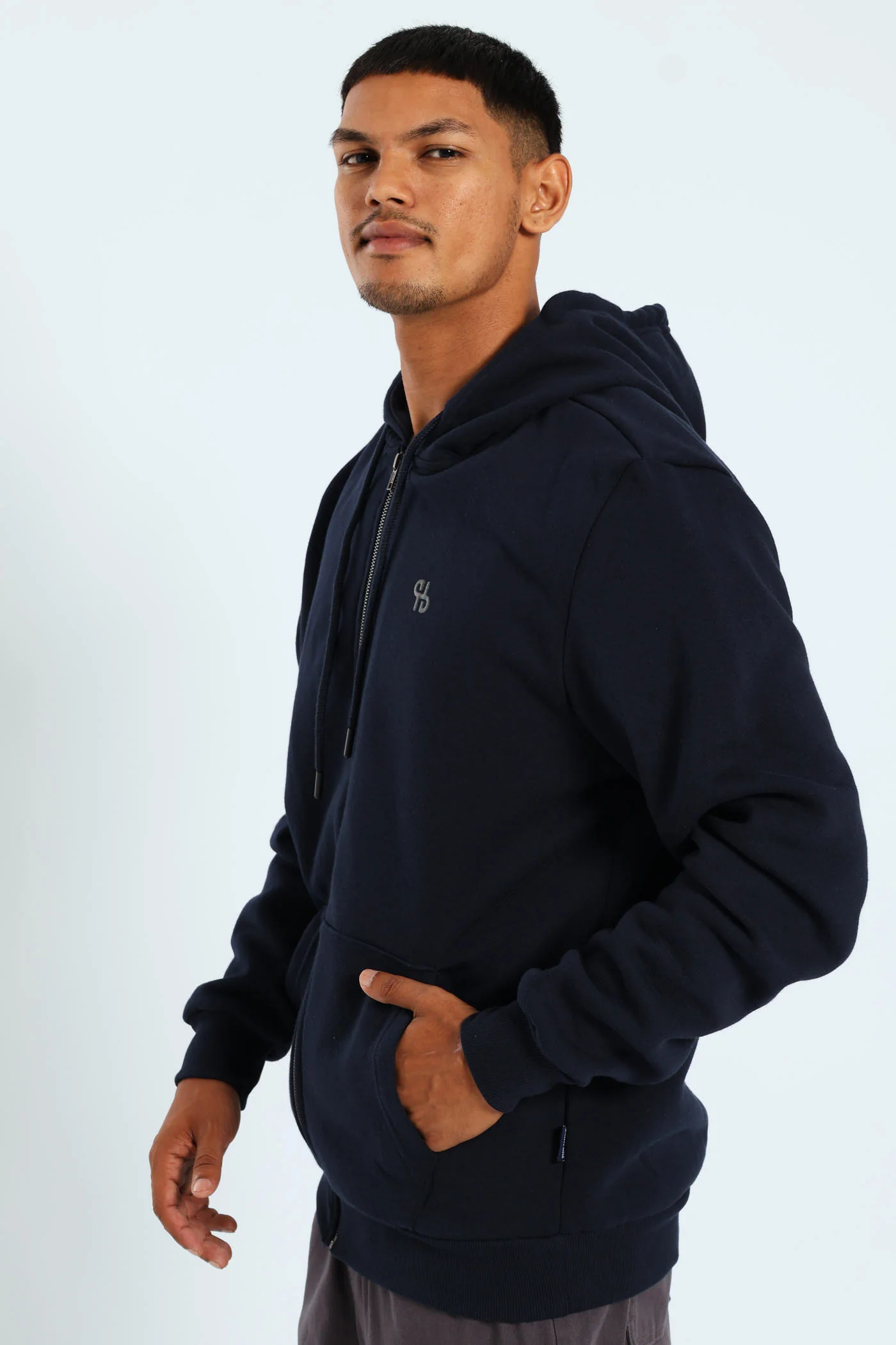 Zip Through Plain Fleece Hoodie - Navy - Image 3
