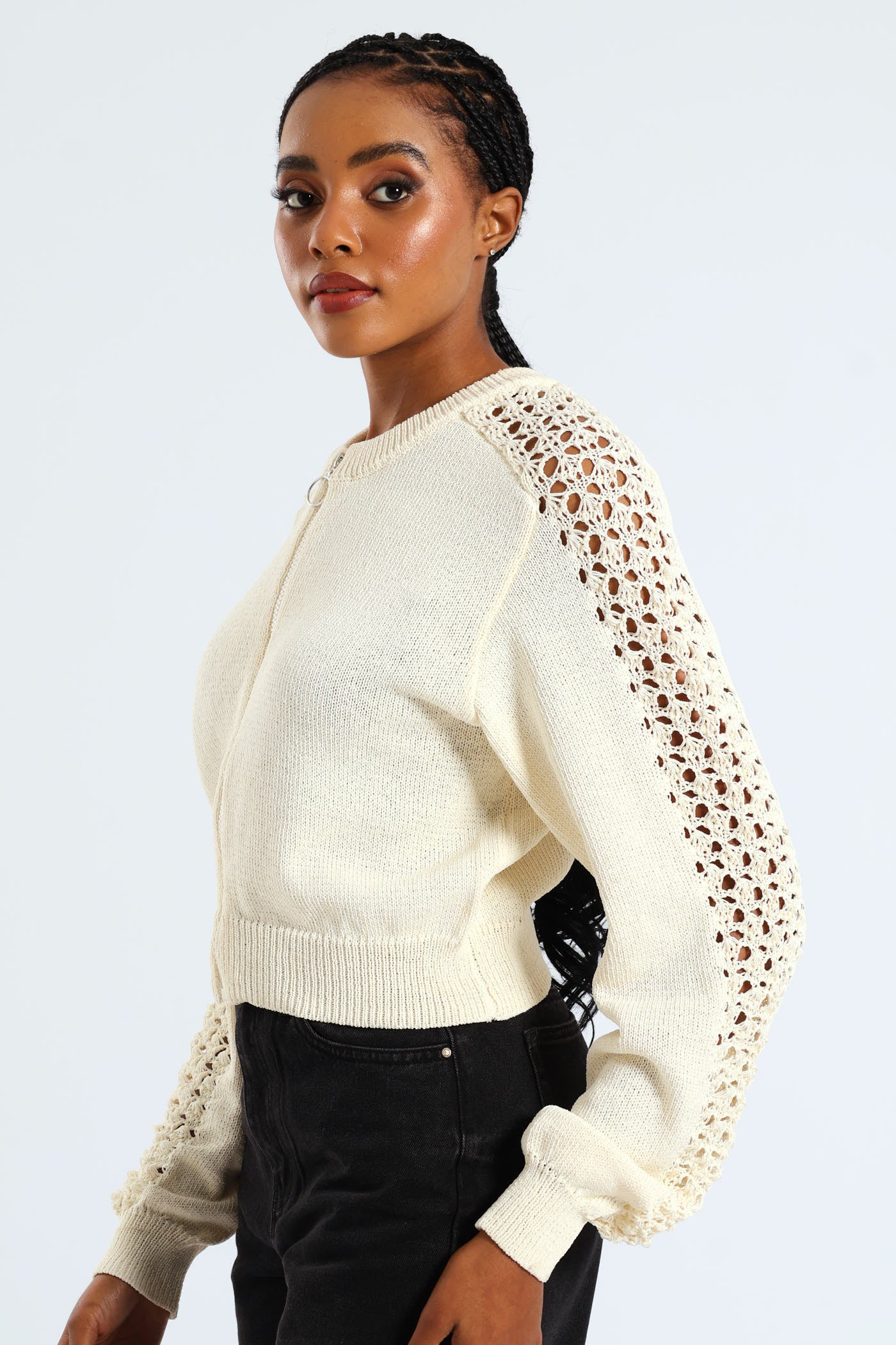 Zip Up Crochet Sleeve Bomber - Cream - Image 2