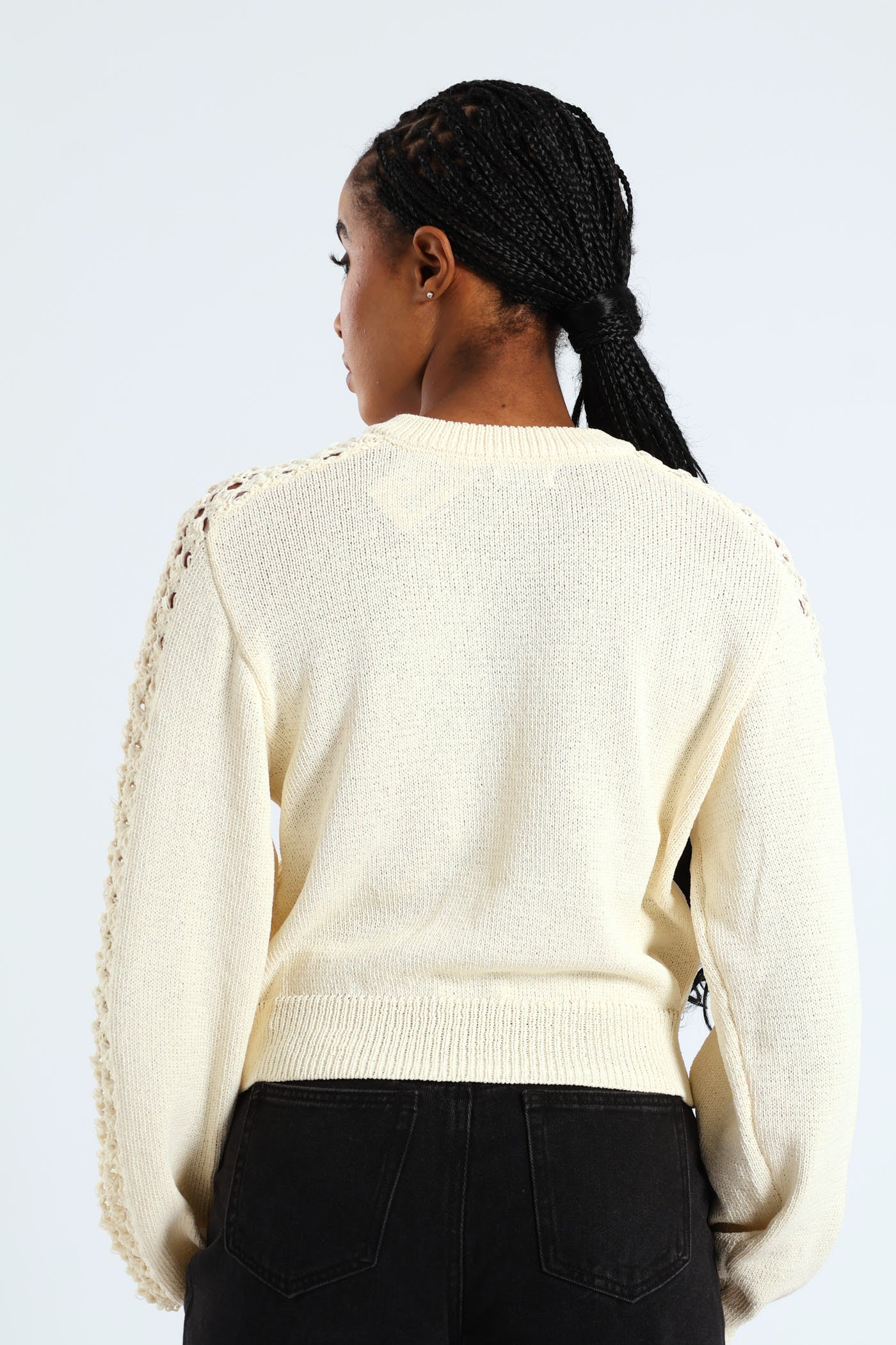 Zip Up Crochet Sleeve Bomber - Cream - Image 3