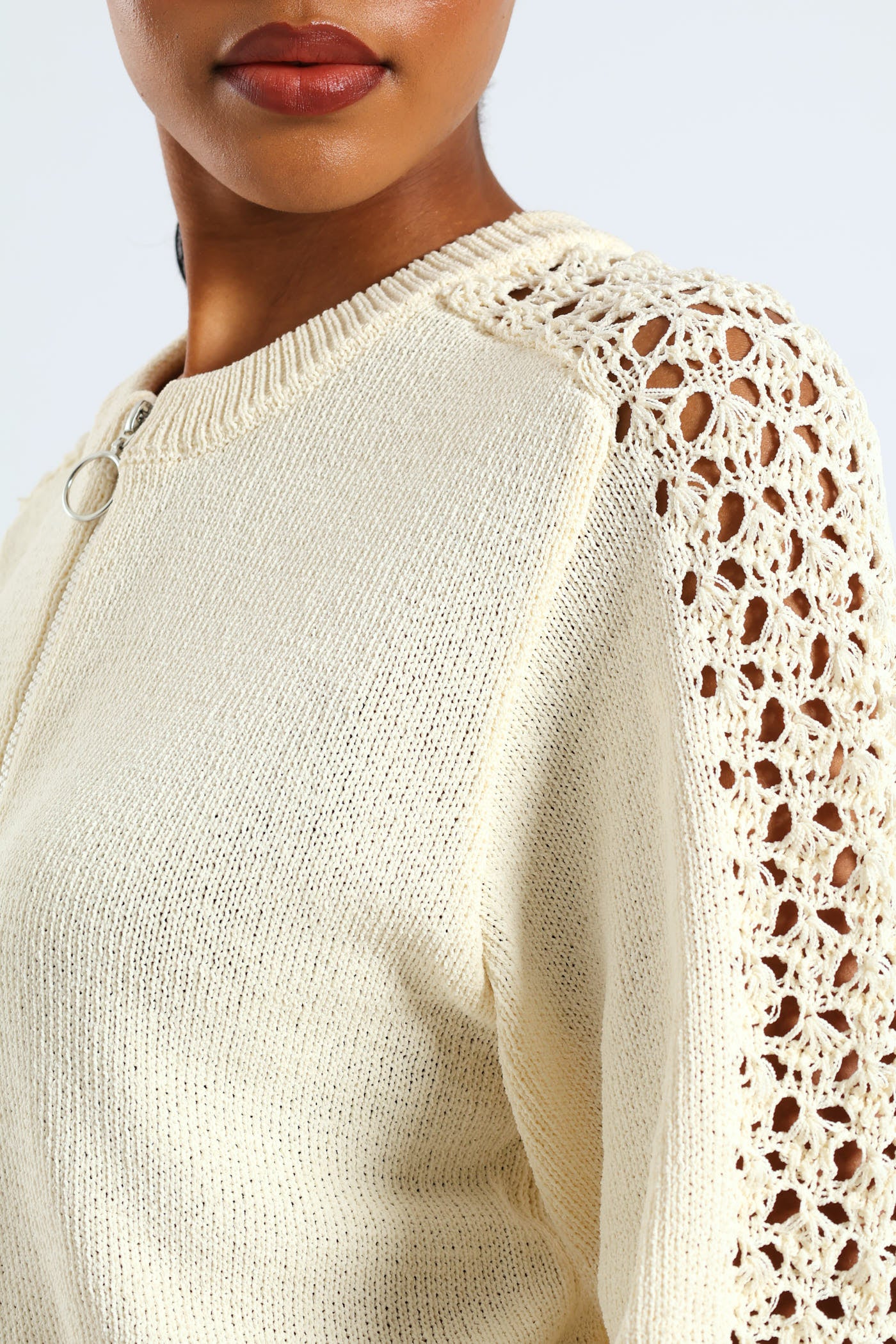 Zip Up Crochet Sleeve Bomber - Cream - Image 4