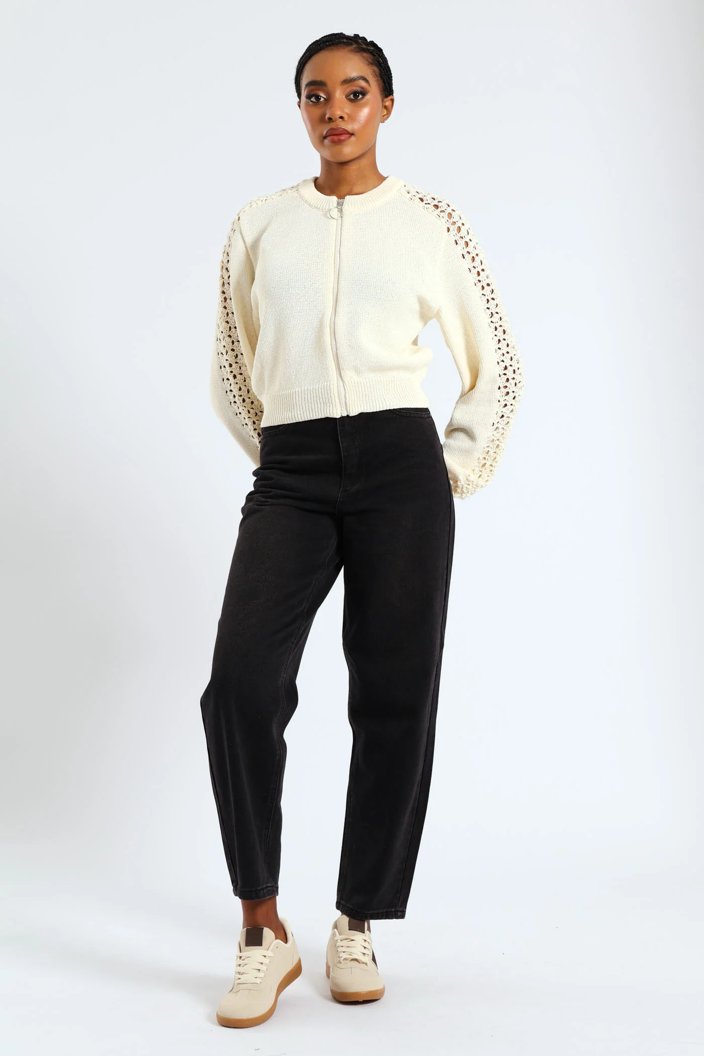 Zip Up Crochet Sleeve Bomber - Cream - Image 5