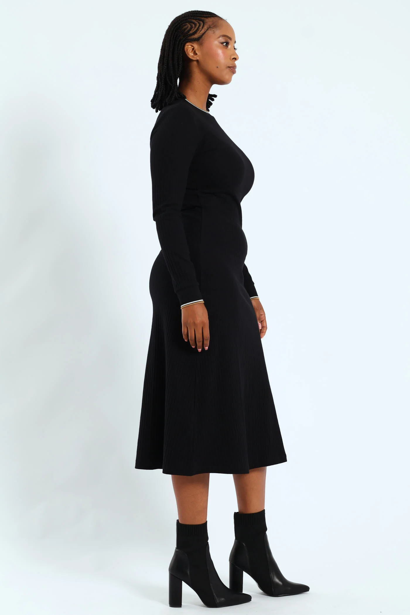 Zoe Long Sleeve Rib Fitted Dress - Black - Image 3